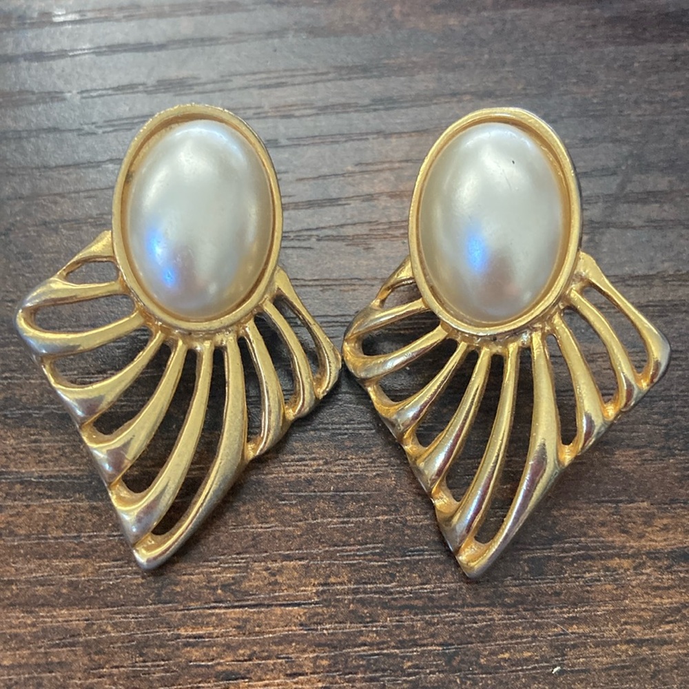 Gold-Tone Fan Drop Earrings with Pearl Center